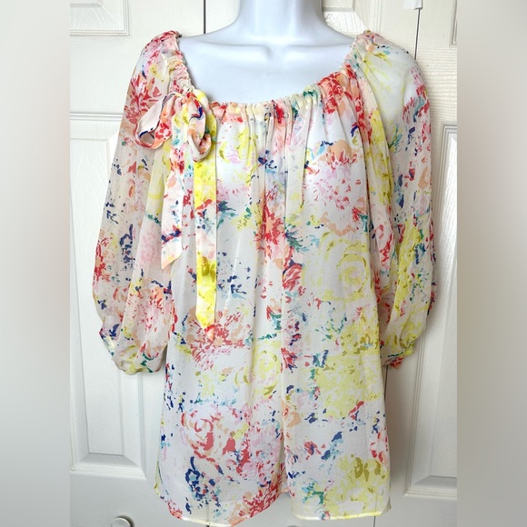 CAbi #826 Watercolor In Case Blouse Semi Sheer Shirt Floral Abstract Top Flowy - Picture 3 of 13